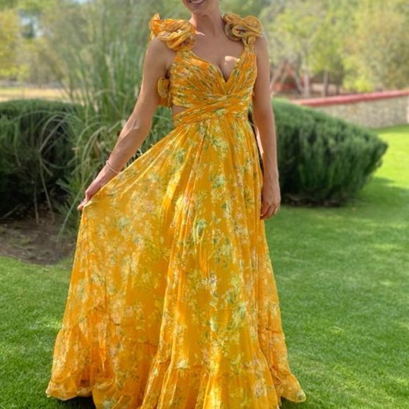 Mac Duggal Dresses Mac Duggal Yellow Ruffle Tiered Floral Cutout